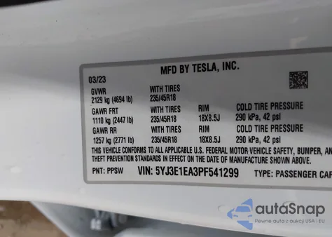 2023 Tesla Model 3 Rear-Wheel Drive from USA, damaged, VIN 5YJ3E1EA3PF541299